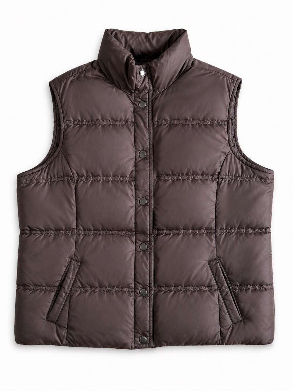 Lands’ End Quilted Down Puffer Vest Brown Snap Front Petite Large 14-16